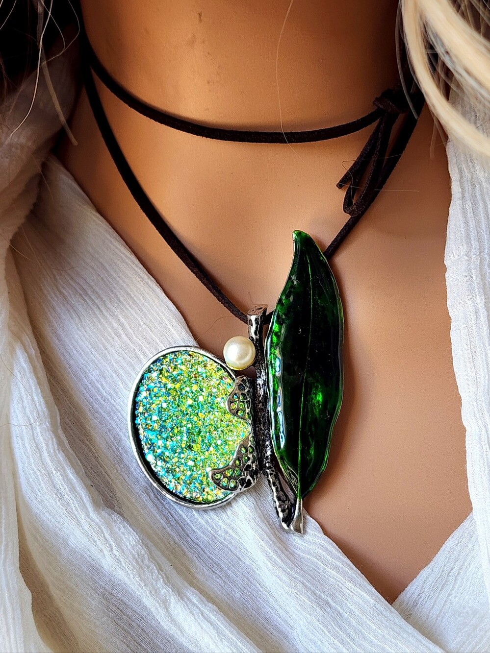 Floral Jewelry Pearl Neon Big Leaf Large Silver Pendant